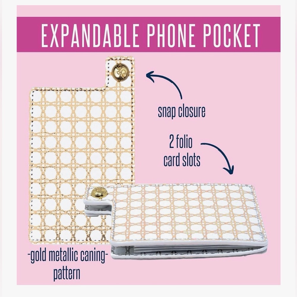 Lilly Pulitzer Expandable Phone Pocket, Gold Metallic Caning